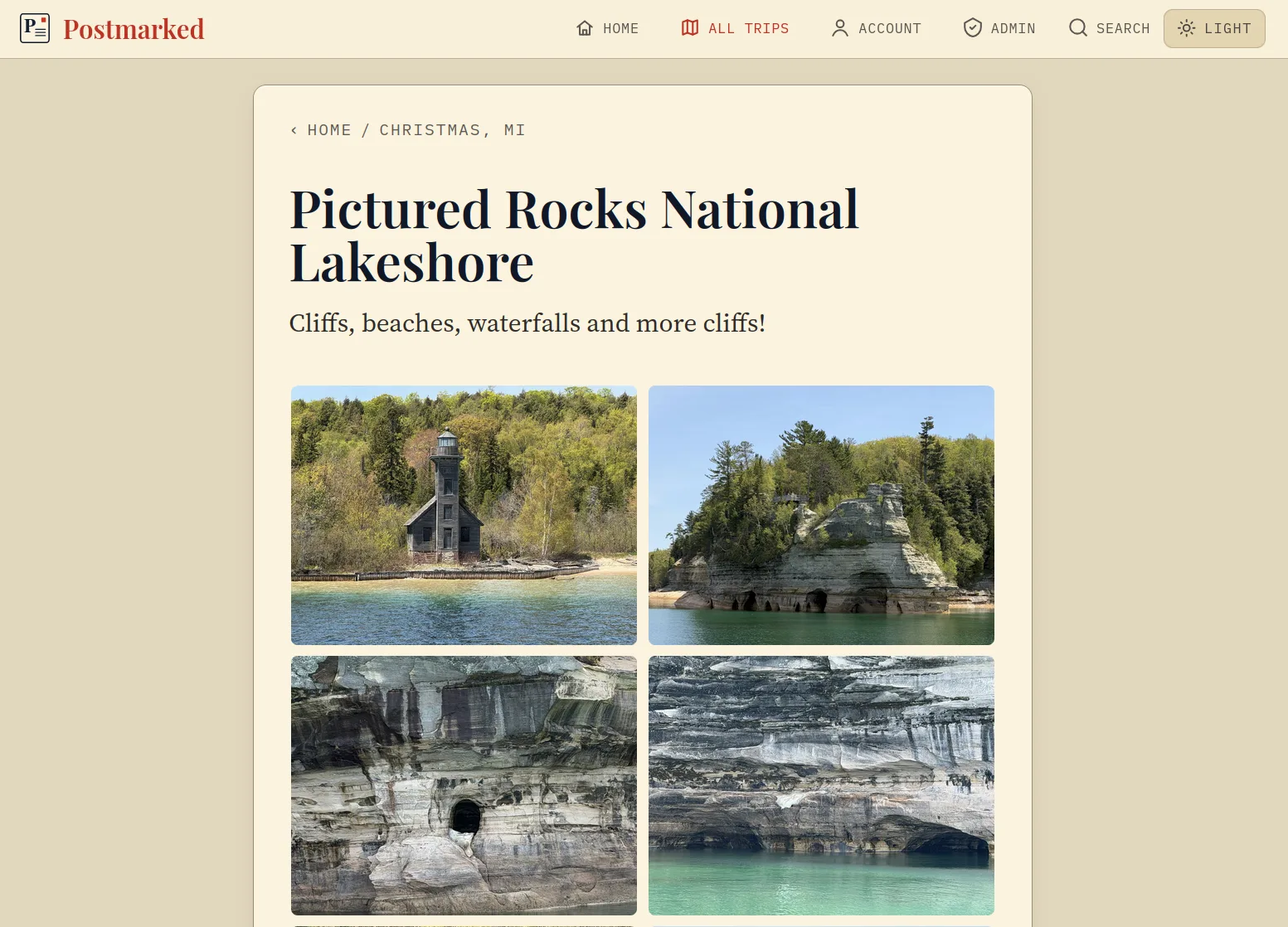 Postmarked media gallery showing travel photos and videos