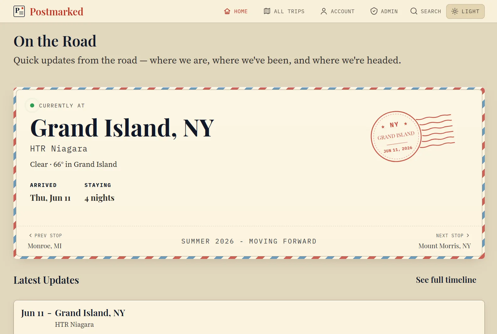 Postmarked home page showing recent travel updates and media