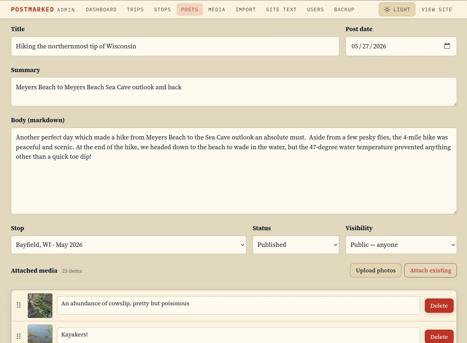 Postmarked admin post editor with fields for title, body, visibility, and media