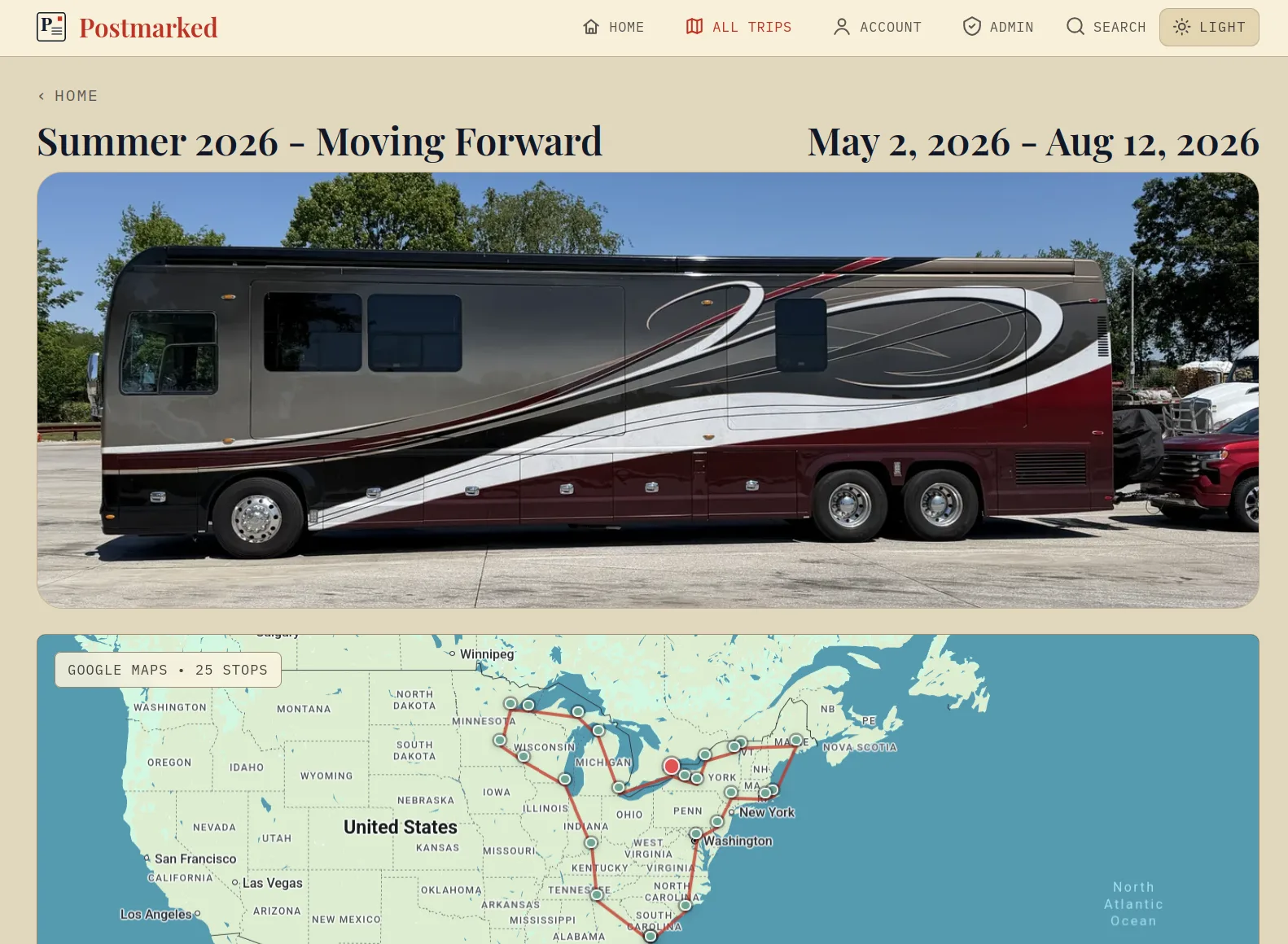 Postmarked trip page with route details, stops, and travel posts